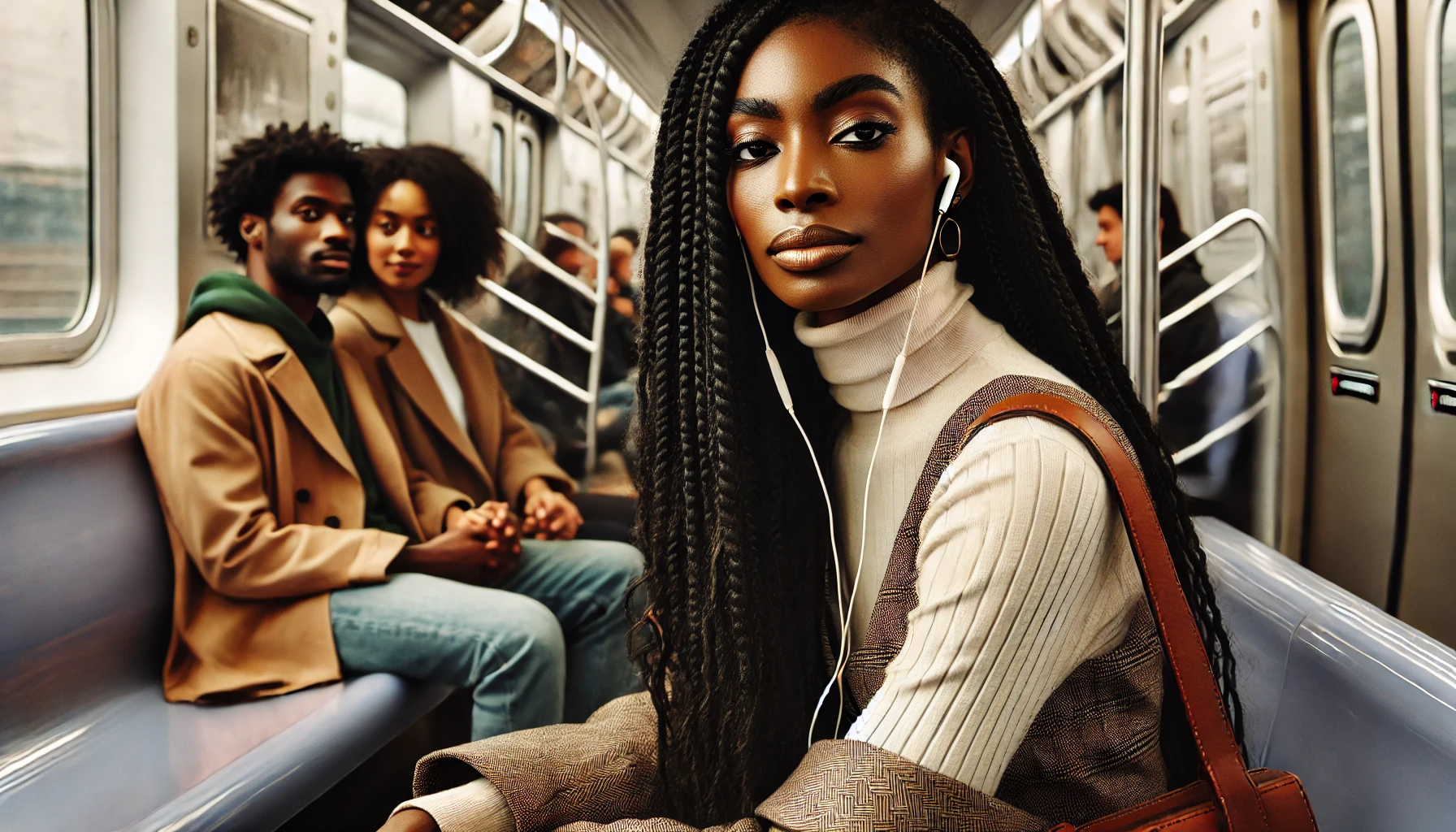 A woman listening to music on the subway